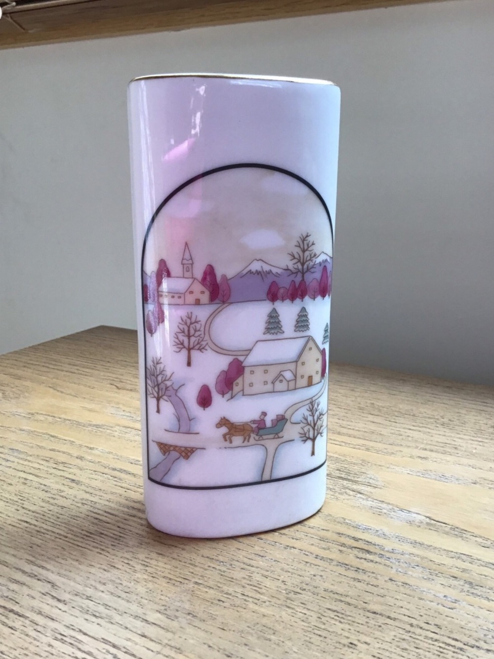 Vintage Japanese mini Ceramic Winter Scene folkart Decorative Vase with gold rim